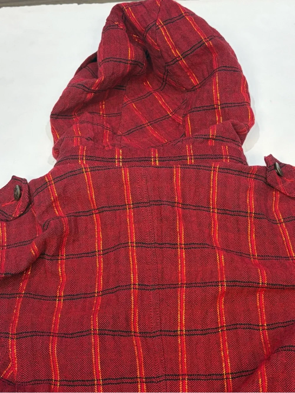 Feline Red Gold Plaid Cropped Full Zip Jacket Detachable Hood Junior Size Large - Picture 8 of 16